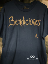 Load image into Gallery viewer, New Bendiciones Navy and Bronze Tee. Men Large / Women XL. Bendiciones is Blessings in Spanish.