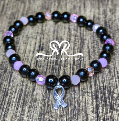 Unisex Breast Cancer Awareness 8mm Black Glass and mix pink   Beaded Bracelet size 8.5