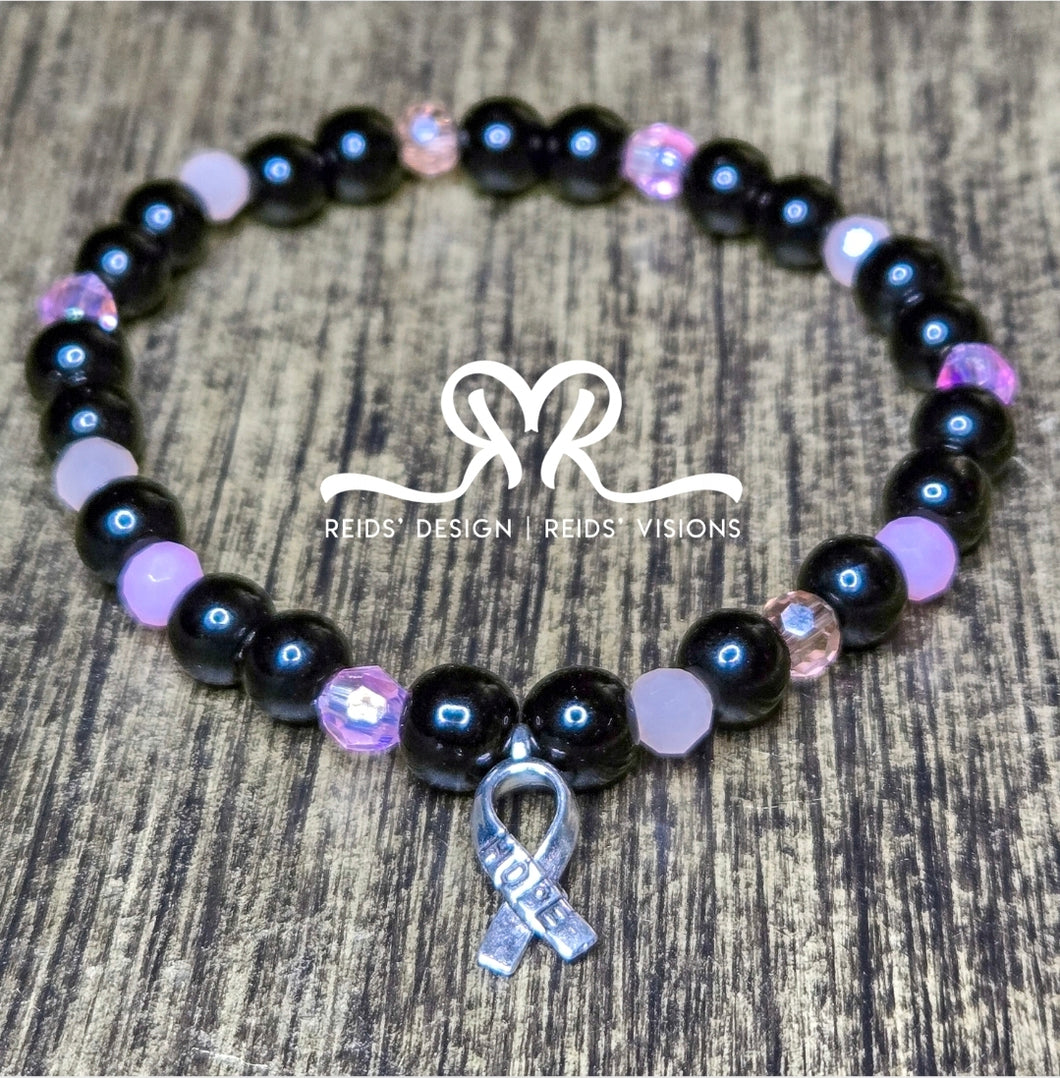Unisex Breast Cancer Awareness 8mm Black Glass and mix pink   Beaded Bracelet size 8.5