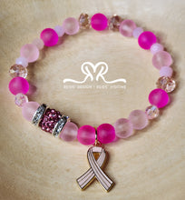 Load image into Gallery viewer, Mixed Gemstone Acrylic and Glass Beaded Bracelet with Breast Cancer Awareness Angel Ribbon (Size 7.5")