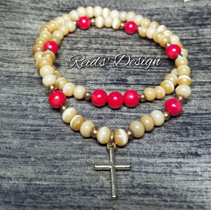 Sale ... Coral and Cats Eye Stacable Bracelet Set with a Cross by Reids' Design