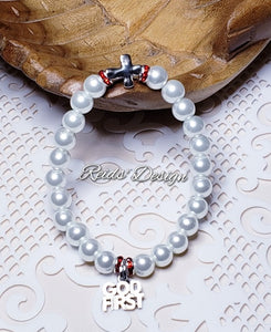 "God First" White Glass Pearl Bracelet with Cross   (size 7.5" )