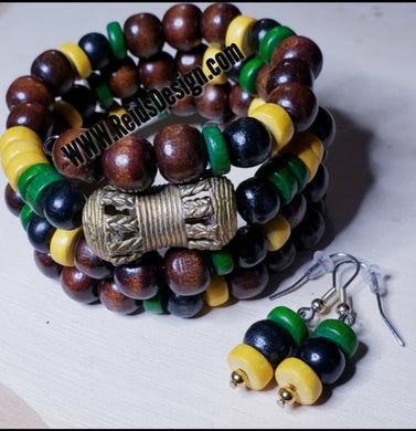 Sale...Wood Wrap Bracelet with Ghana Brass Bead with Earrings