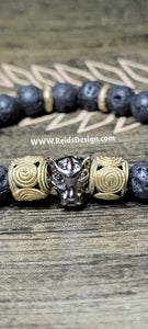 Panther  10mm Lava, Tiger Eye and African Brass Beaded Bracelet (size 8.5")