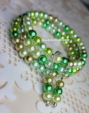 Shades of Green and Gold  Glass Pearls Wrap Bracelet with Earrings