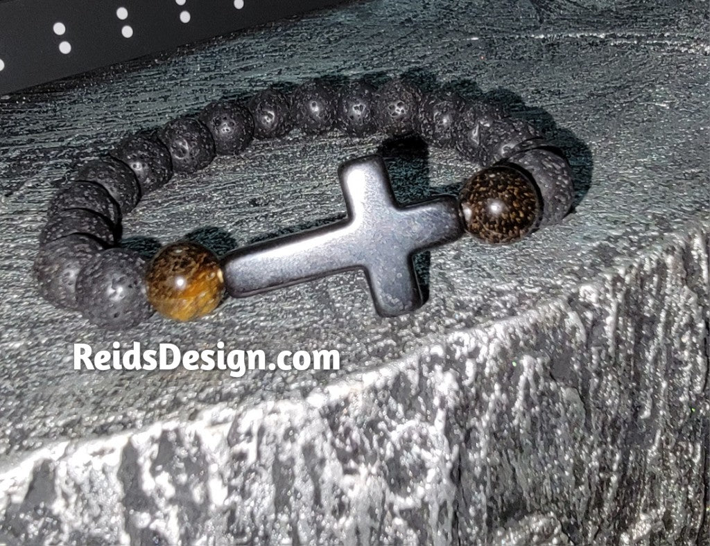 New Lava and Tiger Eye Black Cross Bracelet 8 1/2 inches 10mm Beads