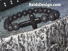 Load image into Gallery viewer, New Lava and Black Cross Bracelet 8 1/2 inches 10mm Beads