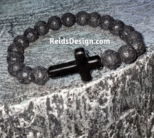 Load image into Gallery viewer, New Lava and Black Cross Bracelet 8 1/2 inches 10mm Beads