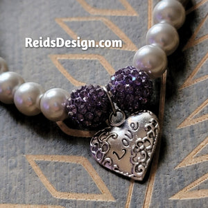 New "❤️"  Silver Glass Pearls Bracelet with Purple Crystal Beads ( size 7.5")