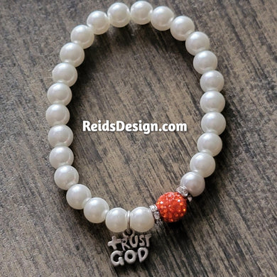 New White Glass Pearls Beaded Bracelet with Orange Crystal Beads ( size 7.5