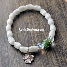 Load image into Gallery viewer, New &quot;Jesus Loves You &quot; cats eye bracelet with Green Crystal Bead ( size 7.5&quot; )