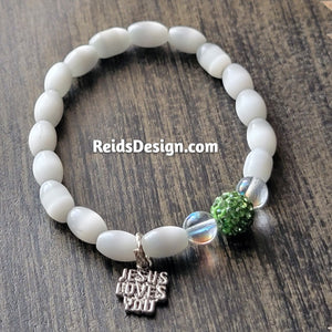 New "Jesus Loves You " cats eye bracelet with Green Crystal Bead ( size 7.5" )