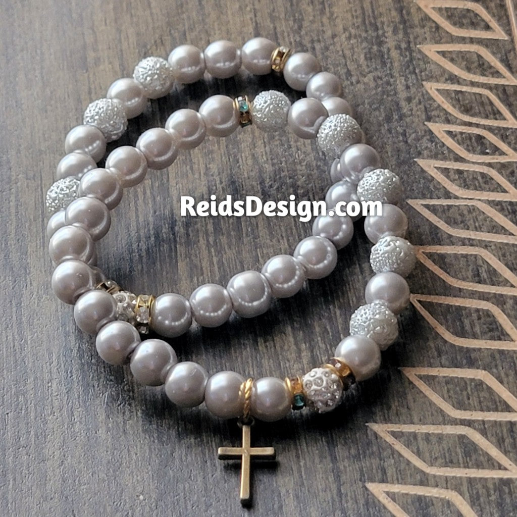 New Stackable Textured & Glass Pearls Bracelets with a Cross