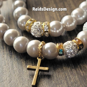 New Stackable Textured & Glass Pearls Bracelets with a Cross