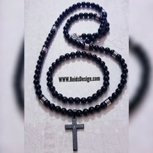 Load image into Gallery viewer, 8mm Obstrian bead and stainless steel spacers with &quot;THE LORD&#39;S PRAYER&quot;  CROSS (  27&quot; ) Necklace and ( 8.5&quot; ) Bracelet Set