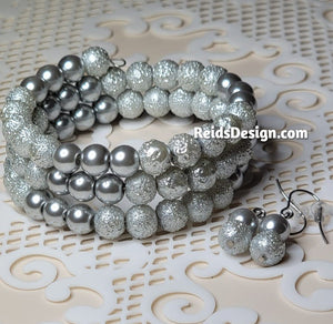 New... Silver Glass Pearls and Texture Pearl Wrap Bracelet with Earrings