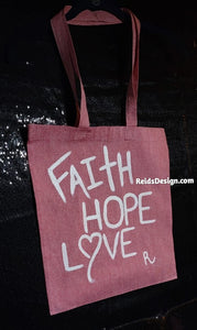 New Faith, Hope & Love Hand-Painted 100% Cotton Canvas Tote Bags with a little glitter (size 15×16 inches) with Long Handle