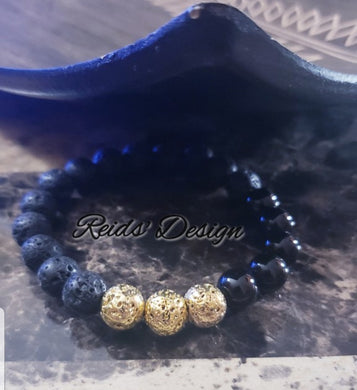 Gold and Black Lava with Agate Beaded Bracelet