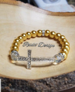 Sale... "Iris" Gold Glass Pearl Bracelet with Cross
