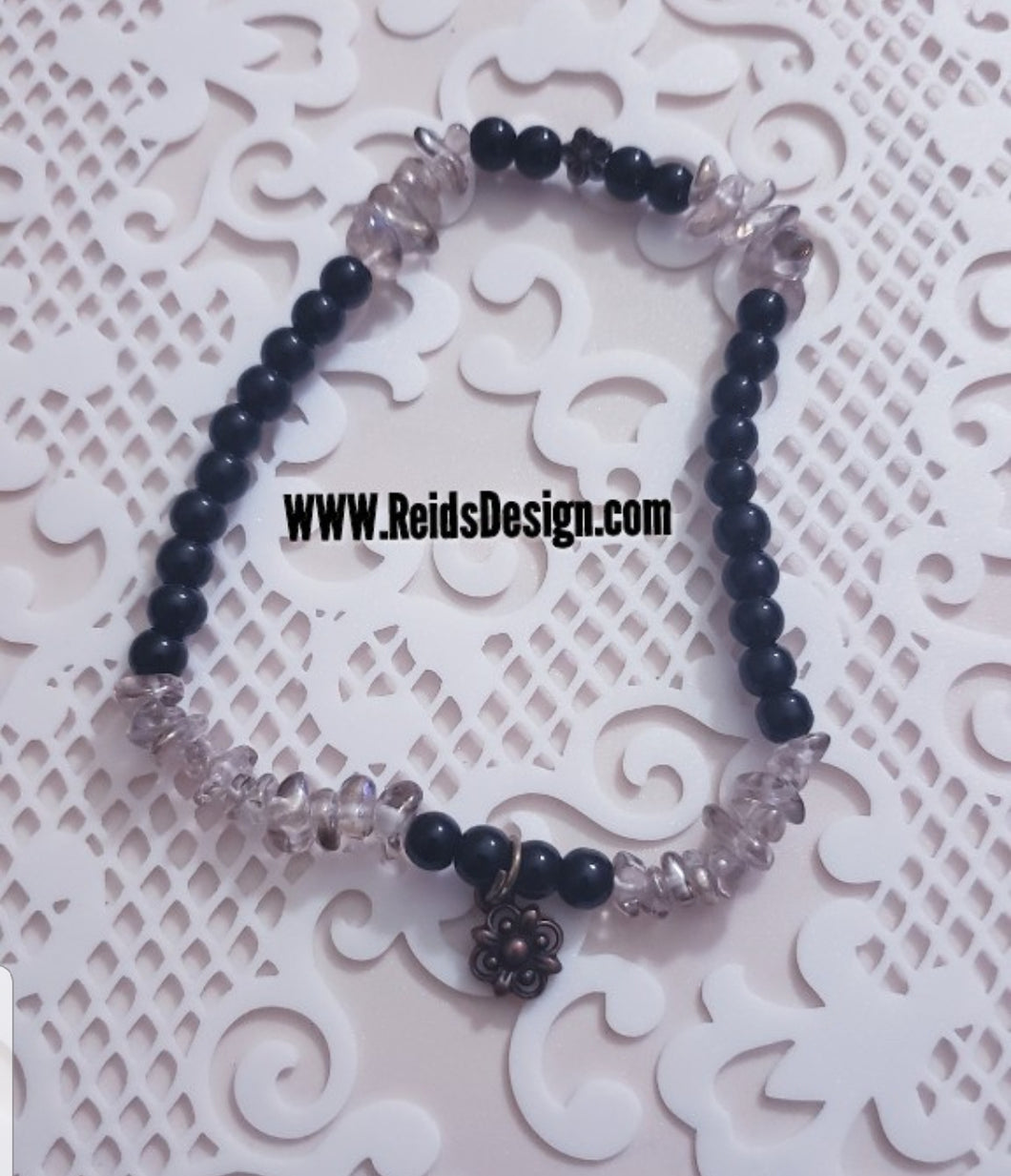Sale...Bronze Flower with Black and Beige Beaded Anklet