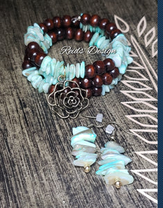 Mother of Pearl's and Wood Wrap with Rose Charm and Earring Set by Reids' Design
