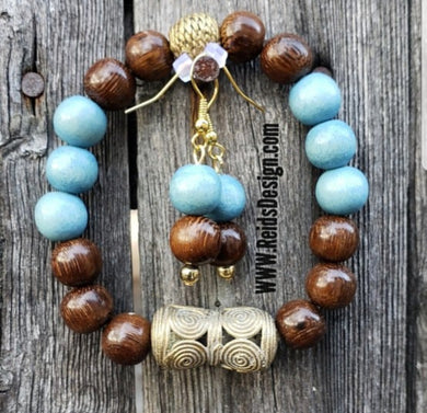 Wood and African Brass Bead bracelet and earrings set