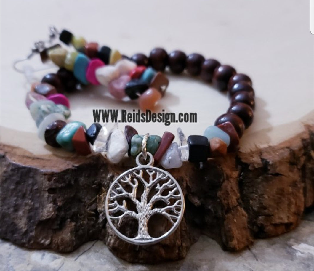 Sale.....Wood and chip gems Tree of Life bracelet and earring set