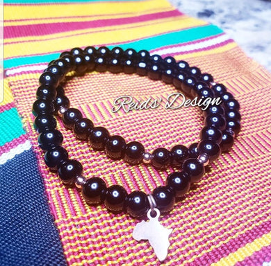 Sale...Black Glass Beads with Brass Africa Charm Stackable Set by Reids' Design