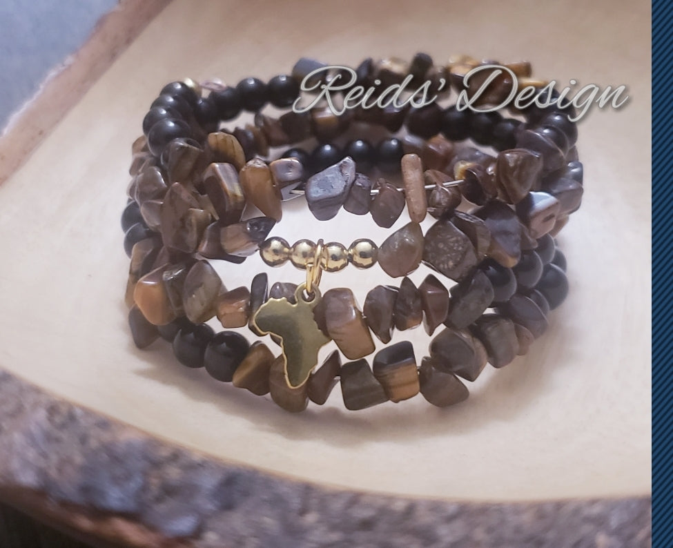 Sale.. Tiger Eye and Glass Wrap Bracelet with Africa Charm by Reids' Design