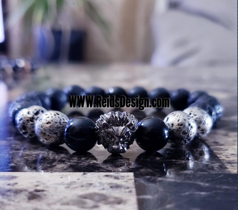 Lion Bracelet with 10mm Black & Silver Lava, Agate beads