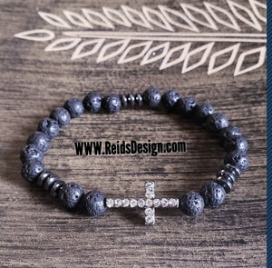 Lava Beads and Hematite Cross Bracelet ( size 8.5" )