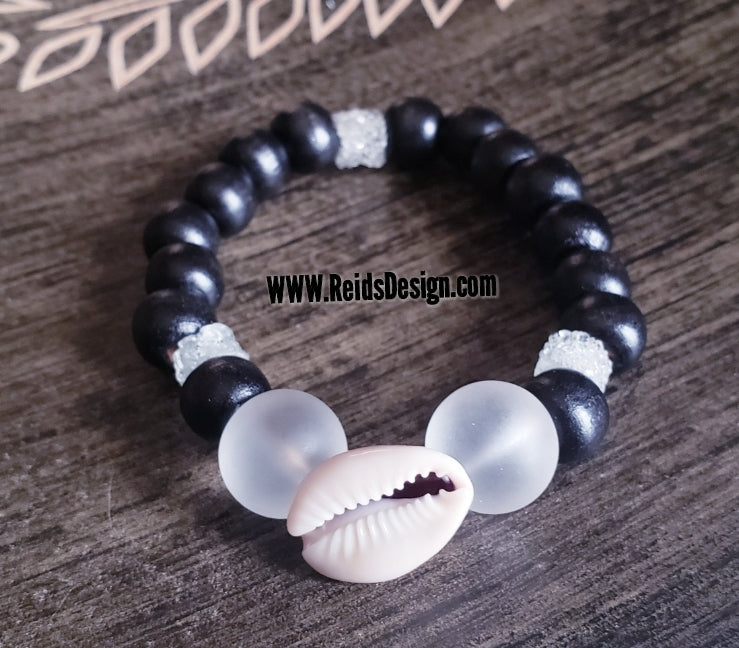Sale...Wood Bracelet Designed with African Glass and Cowrie Shell from Ghana