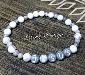 Sale "JESUS" 6mm Howlite & Jasper Bracelet.   ( size 7.5" )