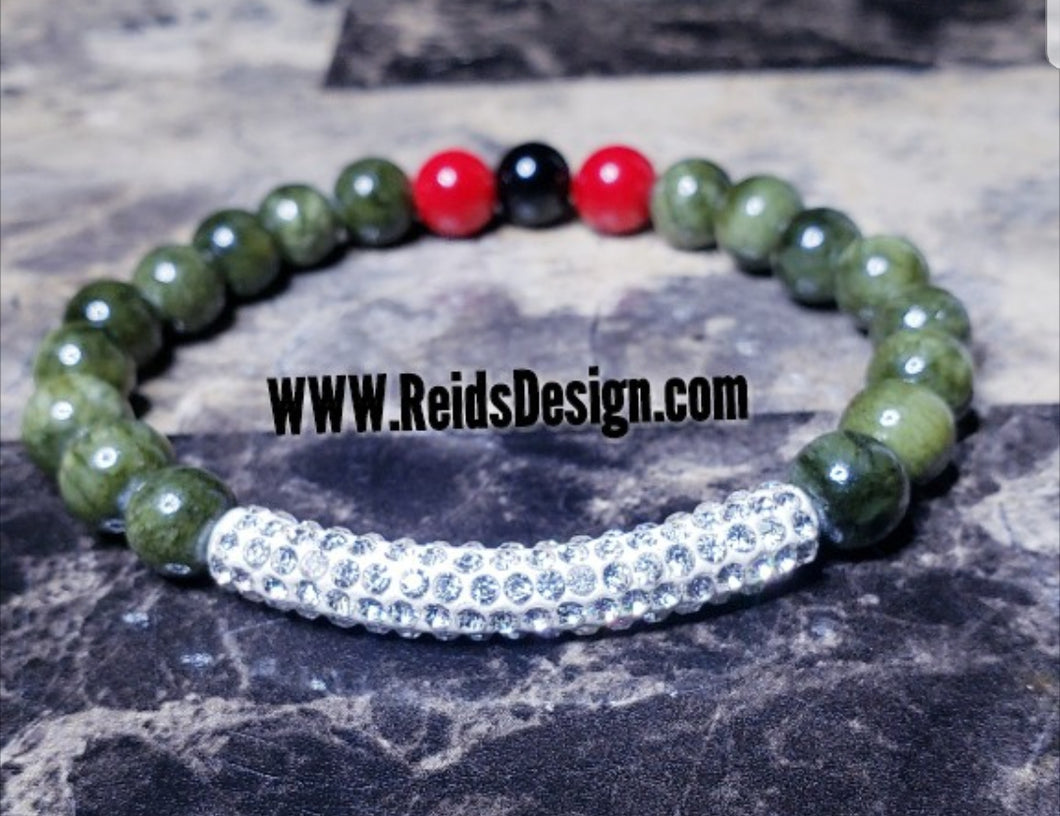 Olive, Red and Black  Mountain Jade Rhinestone Bracelet