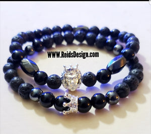 Lion & Crown Agate, Hematite and Lava Bracelet Set ( Size 8.5" )