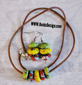 African Glass Beads Necklace on a Leather Cord and Earring Set