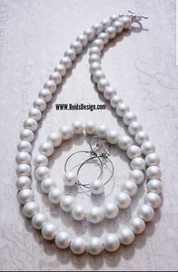 White 10mm Glass Pearls (19 inch) Necklace, Bracelet  and Earring Set