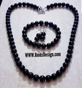 Black 10mm Glass Pearls (20 inch) Necklace, ( 7.5" ) Bracelet  and Earring Set
