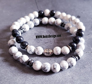 Howlite  & Hematite Cross Bracelet Set ( size 8.5" )