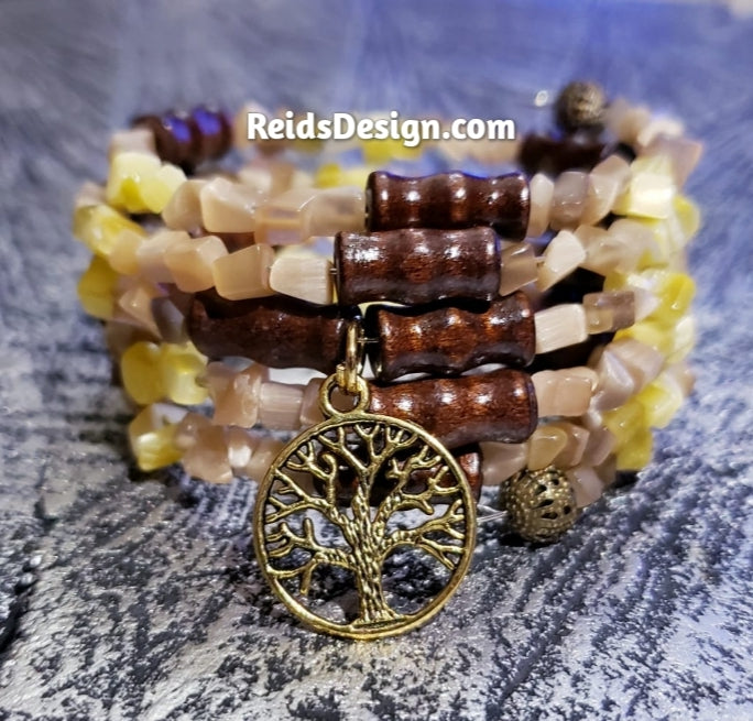 Wood and Cats Eye Gemstone Beaded Wrap Bracelet with Tree of Life Charm by Reids' Design