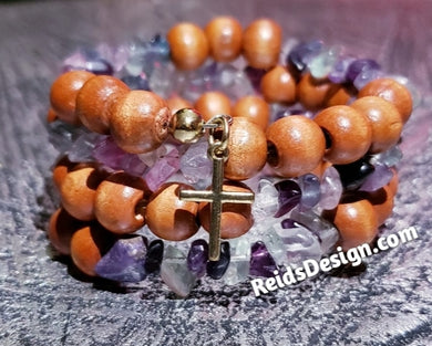 Sale.....Wood and  Fluorite Crystals Chip Beaded Wrap Bracelet with Cross Charm by Reids' Design