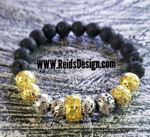 Gold, Silver and Black Lava Beaded Bracelet  size (8.5")