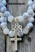 Load image into Gallery viewer, Howlite &amp; Snow Quartz &quot;God First&quot; &amp; Cross Stackable Bracelets ( size 7.5&quot; )