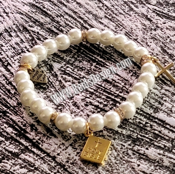 White Glass Pearls Faith Charm Bracelet ( size 7.5