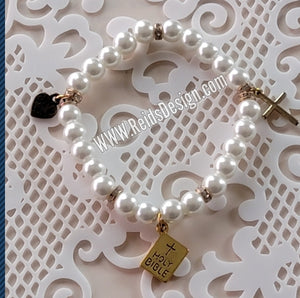 White Glass Pearls Faith Charm Bracelet ( size 7.5")