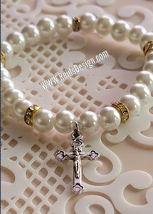 White Glass Pearls Faith Charm Bracelet ( size 7.5")