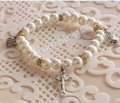 White Glass Pearls Faith Charm Bracelet ( size 7.5