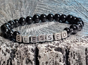 Sale..... "BLESSED" Black glass bead bracelet ( size 8.5")