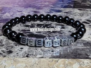 Sale..... "BLESSED" Black glass bead bracelet ( size 8.5")