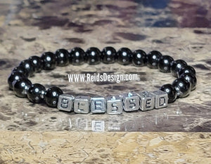 Sale..... "BLESSED" Black glass bead bracelet ( size 8.5")